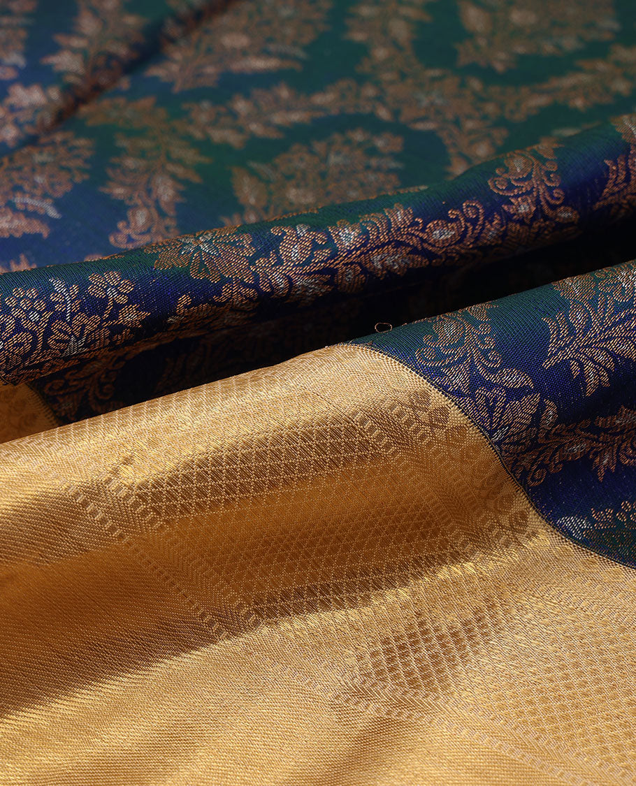 Blue jacquard silk saree, contrast border of thilakam mokku,muthu,kathir & kuyil kann design & jaal pallu