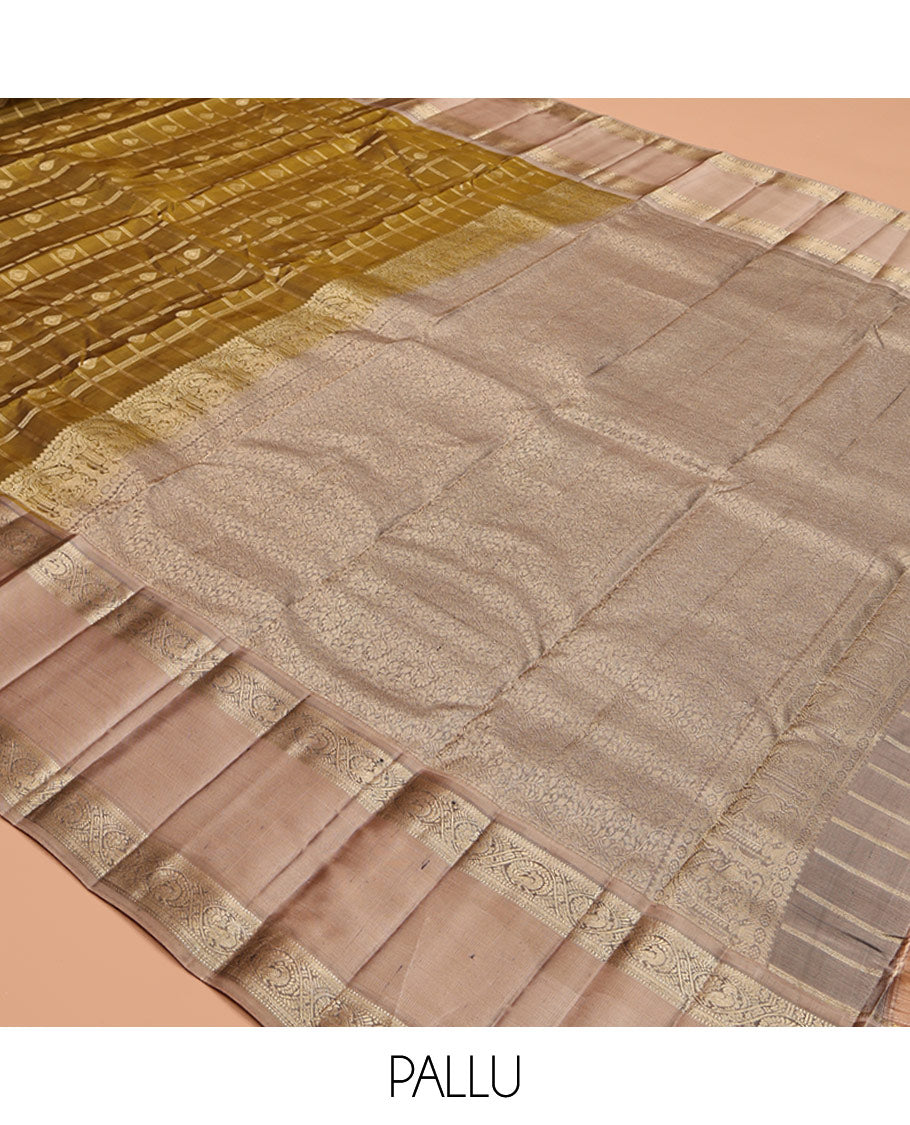 Green Vasundhara Silk Saree, Embellished with Zari Butta Enclosed Checks, Contrast Rettai Pettu Border, Sparsely Woven Pallu, and a Contrast Blouse