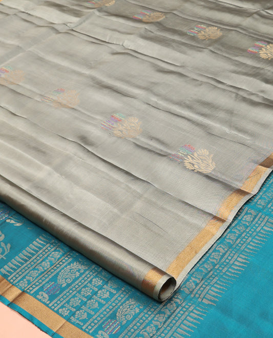 Grey Mayuri Lite Silk Mix Saree, Subtly Sparkled with Meena Buttas, a Subtle Zari Border, Contrast Intricate Pallu, and a Contrast Blouse