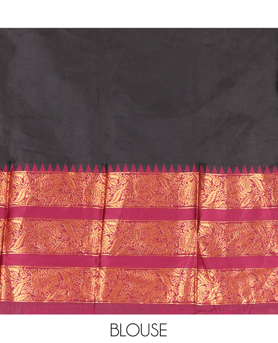 Black Semi-Banarasi Half-Saree Features Plain Skirt, Contrast Floral Creeper Zari Border, Matching Blouse, Contrast Dhavani