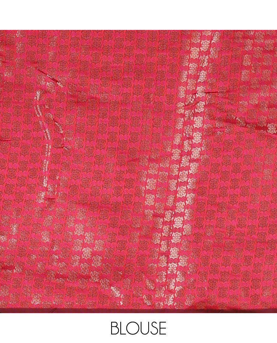 Cream-rani pink semi-banaras half-saree, zari buttas & contrast traditional zari border skirt, jacquard blouse & intricately zari woven dhavani