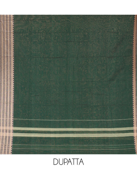 Green Mercerised Cotton Material Churidar Set, Subtly Made Plain with Traditional Bordered Top, a Mercerised Cotton Bottom, and Paired with a Mercerised Cotton Traditional Bordered Dupatta