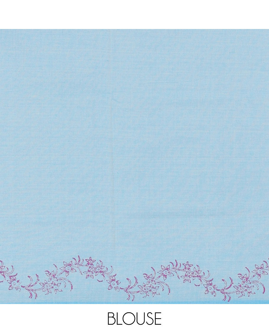 Blue lotus leaf motifs printed South cotton saree with floral creeper border, a matching blouse, and a contrast buttas block printed blouse