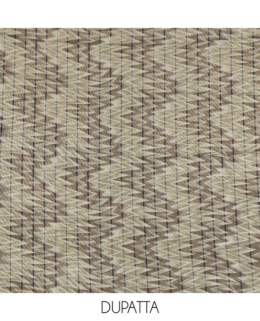 Bottle green Vertican silk material chudidar set, ikkat chevron striped with mirror neck embroidered top, santoon bottom, and contrast chevron striped dupatta