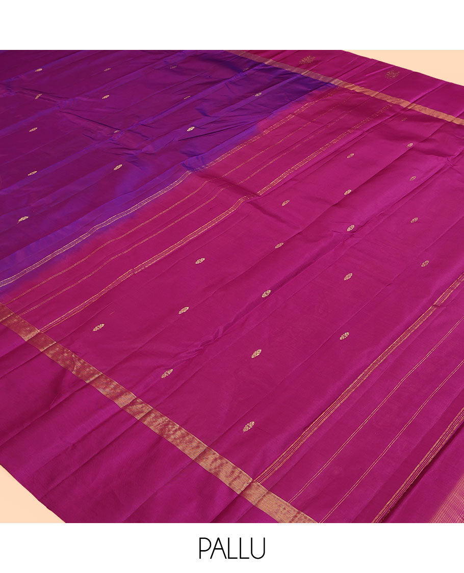 Purple Kanchipuram Silk Saree, Woven with Zari Buttas, a Contrast Zari Buttas Woven Border, Zari Design Pallu, and a Contrast Blouse