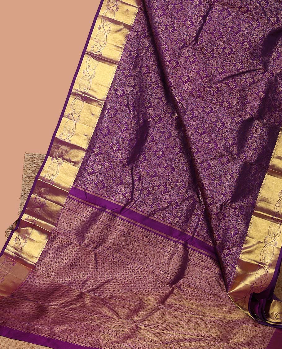 Purple floral design silk saree with self border of thilakam mokku, kodi visiry design & floral , argyle design pallu