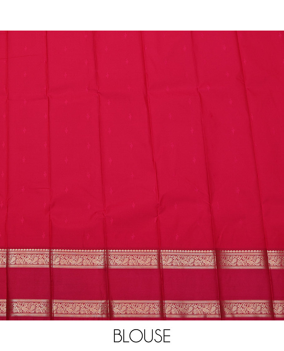 Yellow Budget Silk Saree, Subtly Sparkled with Zari Buttas on Its Body, Complemented by a Contrast Traditional Zari Design Rettai Pettu Border, Grand Jaal Pallu, and Paired with a Contrast Blouse