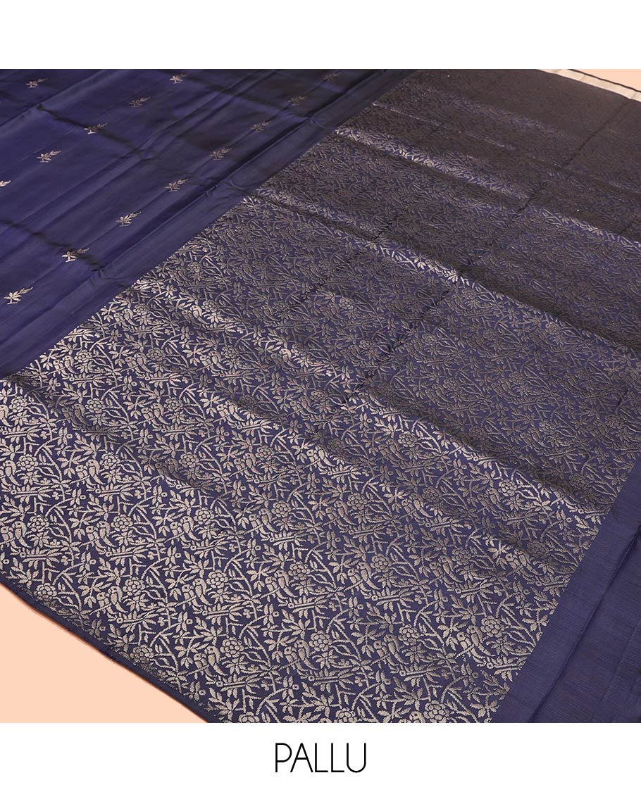 Borderless Blue Mayuri Soft Silk Saree, Mesmerized with Zari Buttas and Floral Buttas All Over Its Body, Highlighted by Pallu of Floral and Bird Designs, and Paired with a Matching Blouse