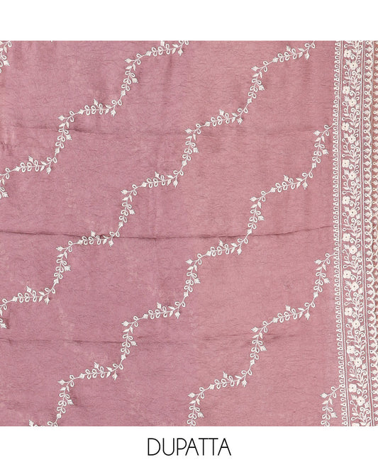 Turkish pink vichitra crush material chudidar, thread & bead floral embroidery top, plain santoon bottom & floral thread embroidery dupatta