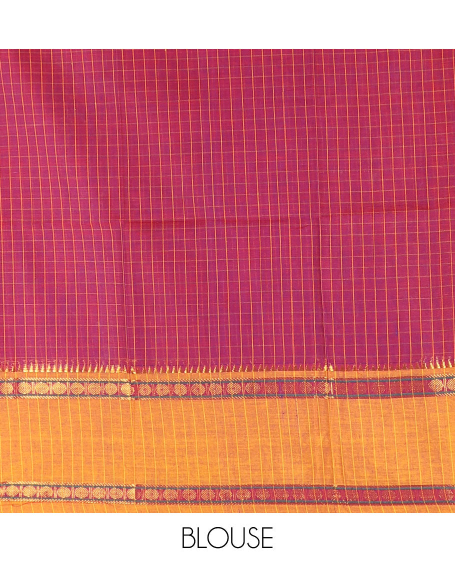 Maroon half-saree, checked with contrast traditional motifs zari bordered skirt, matching blouse and a contrast zari border plain dhavani
