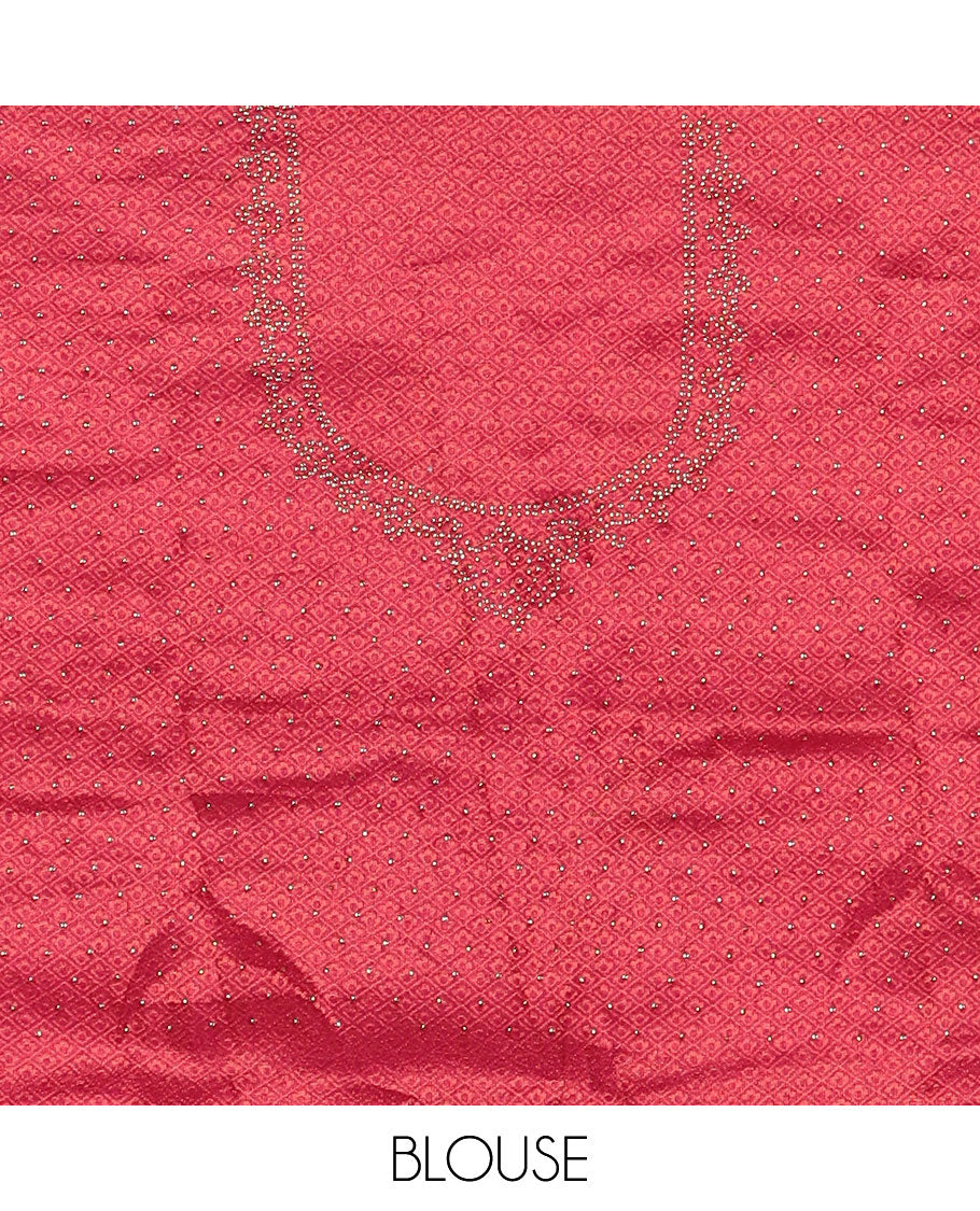 Cream banaras softy half-saree, brocade skirt, contrast traditional border, brocade blouse & stonework scallop georgette dhavani