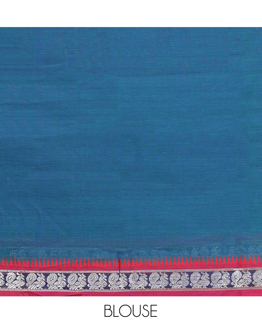 Blue Cotton Half-Saree Features Plain Skirt, a Contrast Peacock Temple Border, a Matching Blouse, and a Contrast Dhavani