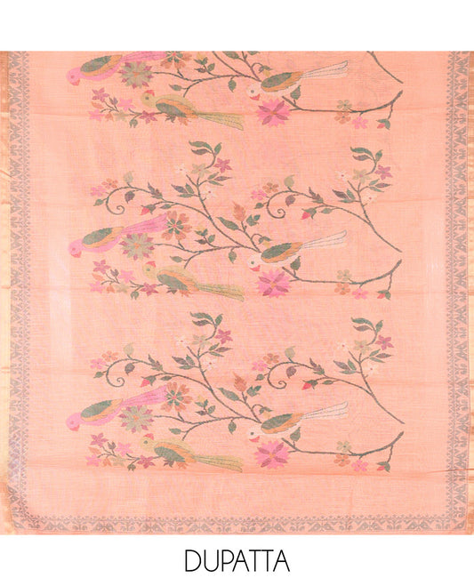 Orange Linen Tissue Material Chudidar Set, Elevated with Paithani Floral-Parrot Design on Its Top, a Contrast Plain Bottom, and Paired with a Linen Tissue Dupatta of Floral-Parrot Print