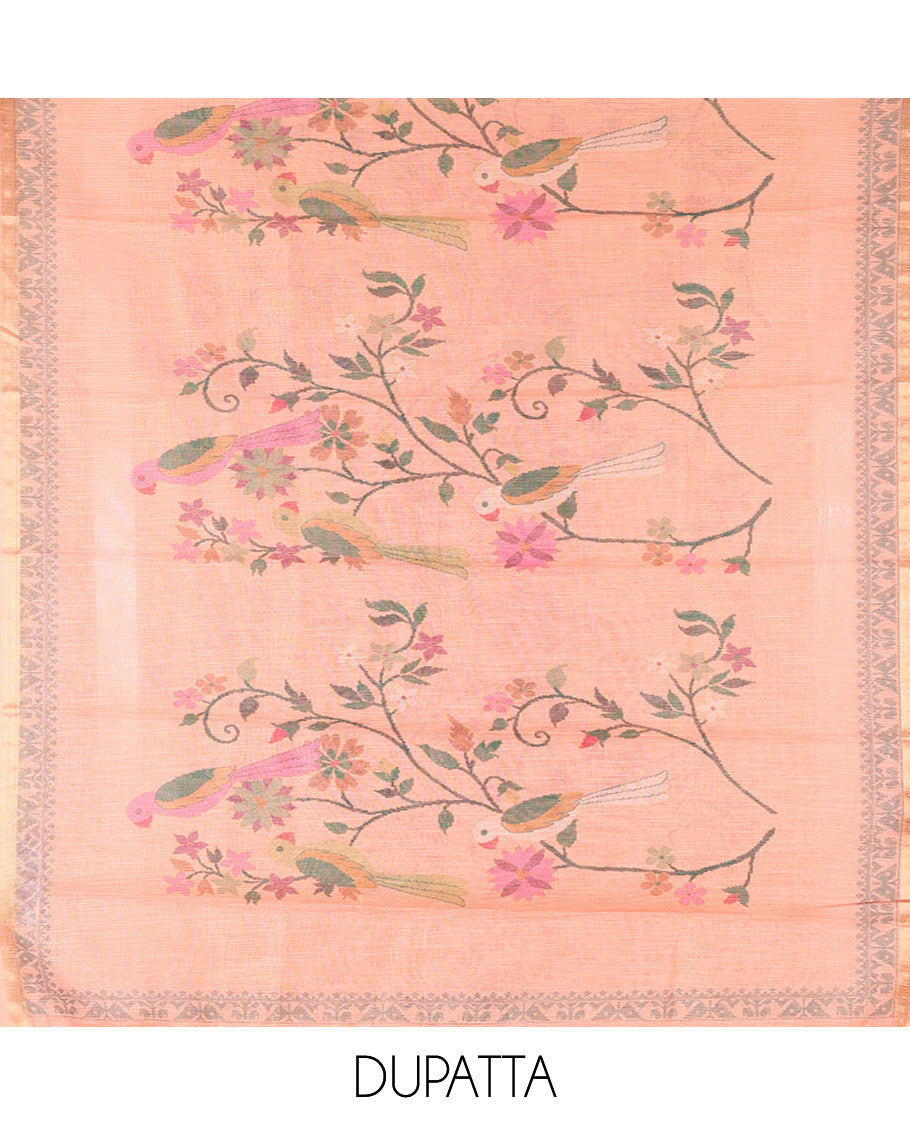Orange Linen Tissue Material Chudidar Set, Elevated with Paithani Floral-Parrot Design on Its Top, a Contrast Plain Bottom, and Paired with a Linen Tissue Dupatta of Floral-Parrot Print