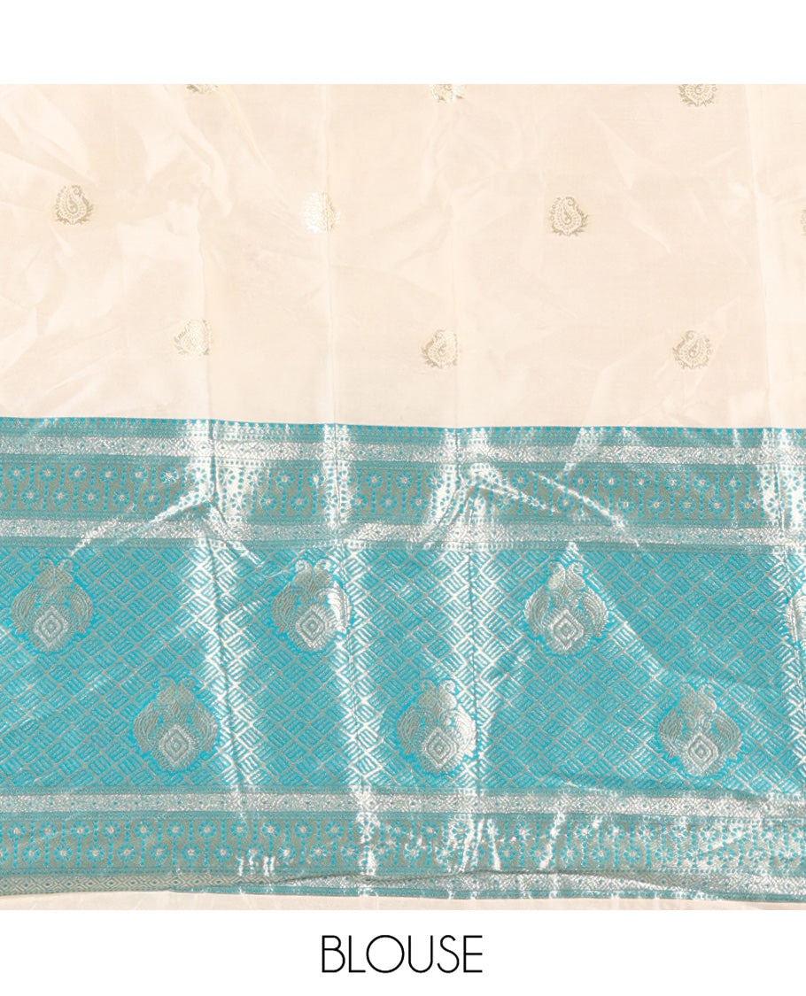 Cream-Rama Semi-Banarasi Half-Saree Set Featuring Buttas Skirt, Contrast Traditional Border, Matching Blouse, and Banaras Dhavani