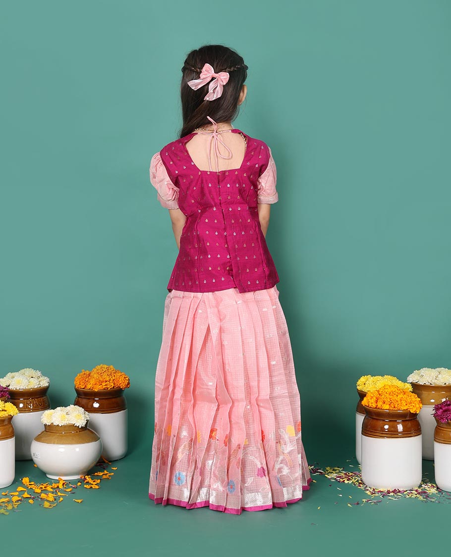 Pink art silk readymade pavadai set, buttas with thread floral embroidery skirt with contrast neck embroidered puff-sleeve blouse