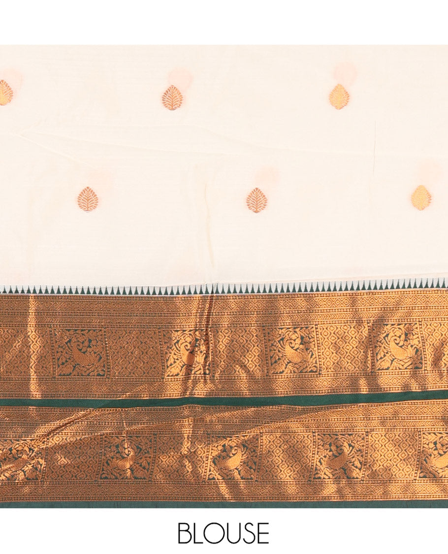 Cream-Green Banaras Silk Half-Saree Features Zari Buttas Skirt, a Contrast Traditional Border, a Matching Blouse, a Contrast Dhavani