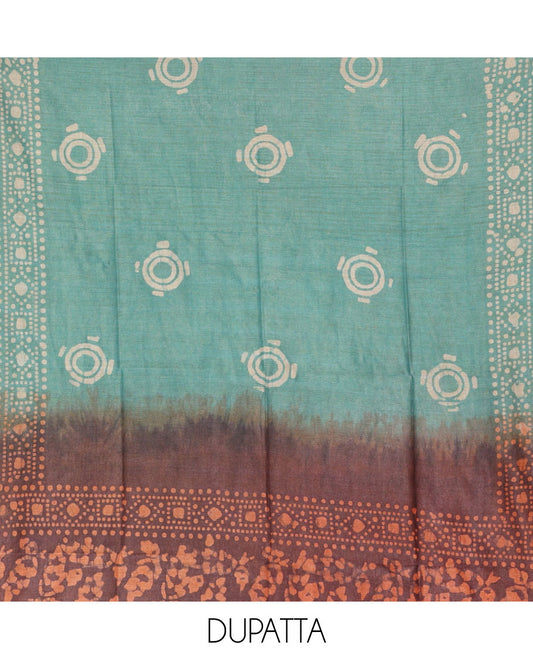 Maroon chudidhar material, leaf batik-print bhagalpuri cotton top,contrast batik-print bottom & dual-color printed mul-mul dupatta