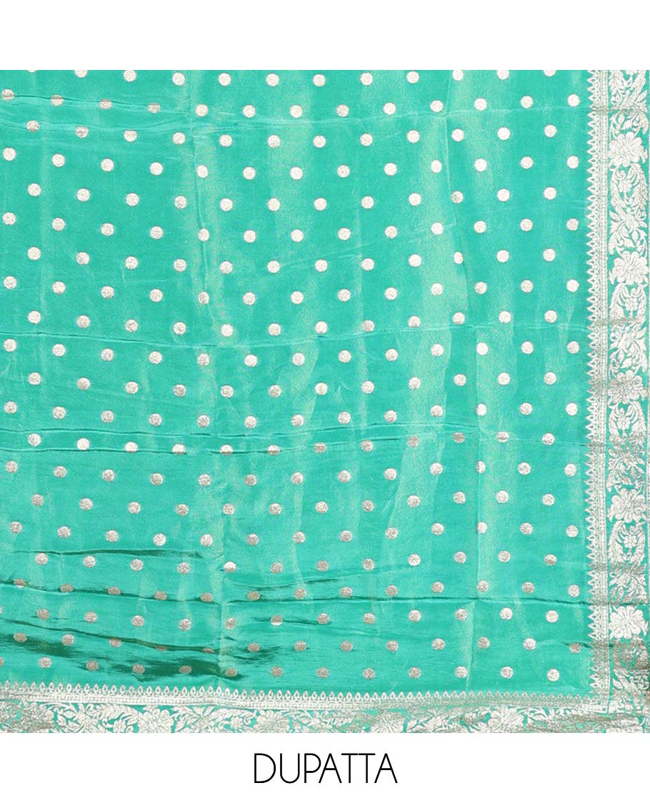 Blue material chudidhar set, abstract print & embroidered top, plain bottom & Banaras buttas duppata