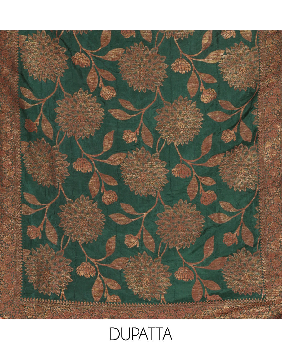 Green Material Churidar Set, Adorned with Zari Buttas Woven on Its Semi-Silk Top, Comes with a Plain Santoon Bottom, and a Semi-Silk Floral Jaal Zari Jacquard Dupatta