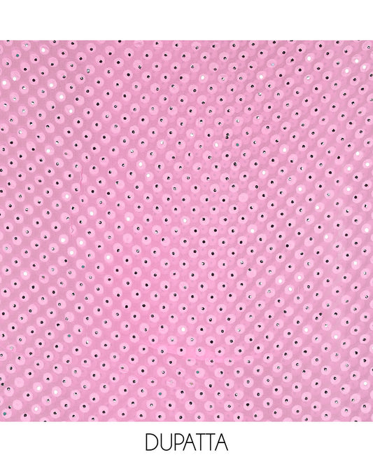 Pink material churidar set, stone work with Schiffli style embroidered georgette top, American Crape bottom, and polka dotted printed mirror work dupatta