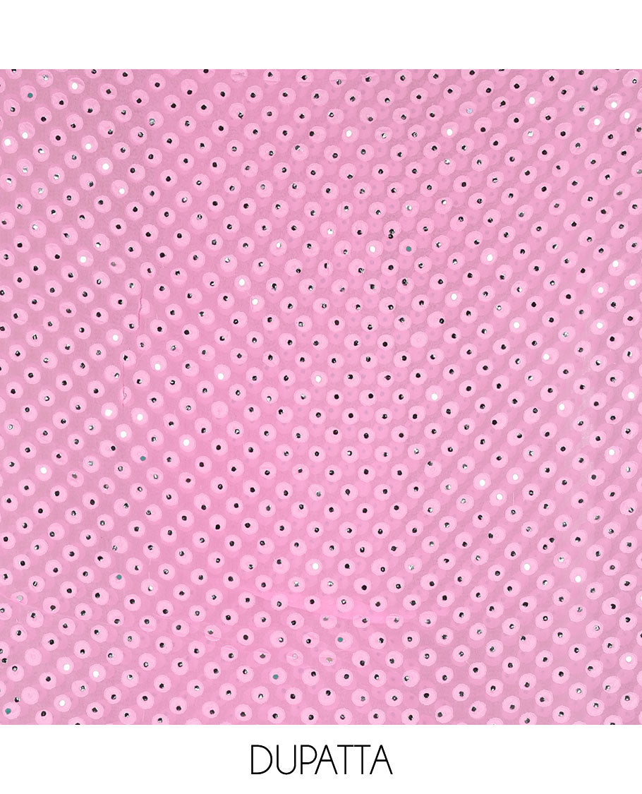 Pink material churidar set, stone work with Schiffli style embroidered georgette top, American Crape bottom, and polka dotted printed mirror work dupatta