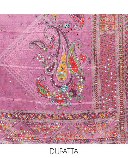 onion pink jacquard ajrak, stone, mirror work crepe chudidhar material top with american crepe pant & chinnon material ajrak digital print , mirror work dupatta