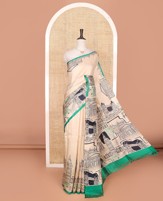 Sandal-base london-orgin places printed saree, self-pallu of london-orgin motifs print