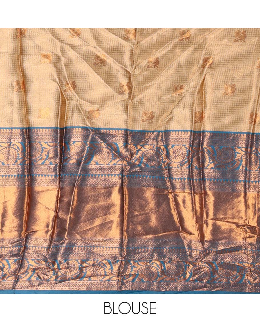 Gold banaras half saree, zari buttas with contrast blue traditional zari border skirt, matching blouse, dhavani of zari checks, and buttas