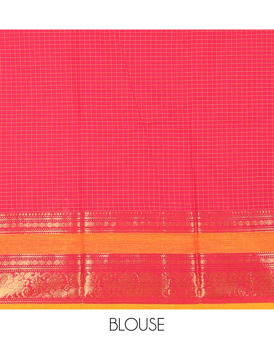 Rani Pink and Yellow Chettinad Cotton Half-Saree Featuring Checked Skirt, Highlighted with a Contrast Rettai Pettu Zari Peacock and Rudraksham Motifs Border, a Subtly Woven Matching Blouse, and a Georgette Traditional Zari-Bordered Dhavani