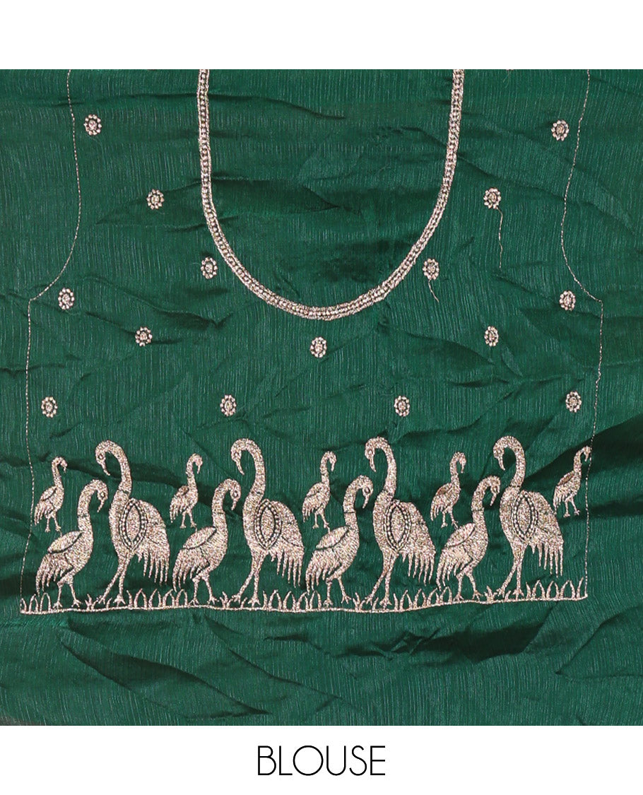 Bottle Green Half-Saree Set, Richly Detailed with Stone Work and Bird Motifs Embroidery on Its Satin Georgette Skirt, Highlighted by Embroidered Border, Paired with a Matching Blouse, and Comes with a Contrast Scallop Stone Work Dupatta