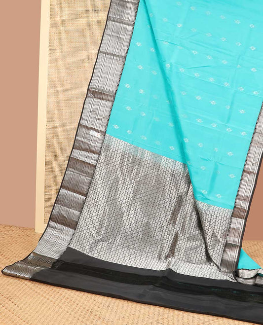 Light Blue butta silk saree with contrast checked zari design & geometric design pallu
