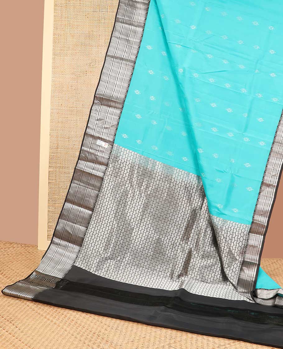 Light Blue butta silk saree with contrast checked zari design & geometric design pallu