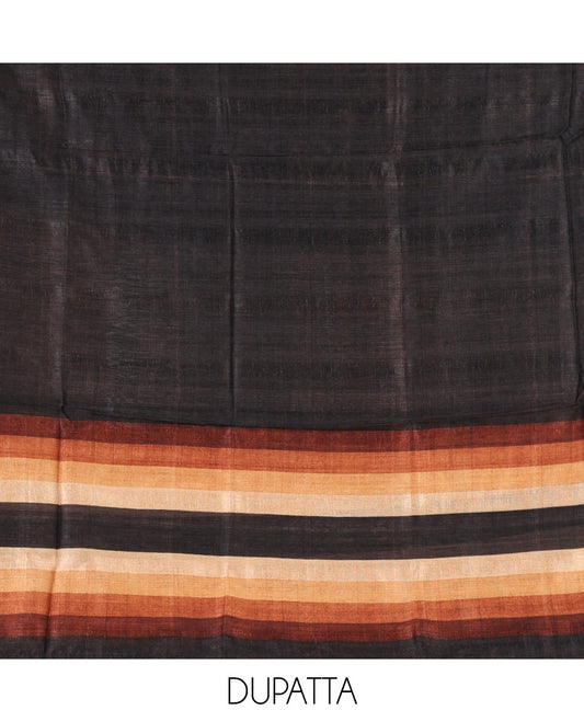 Black material chudidar set, horizontal brown-ombre striped semi-tussar top, plain santoon bottom & horizontal brown-ombre striped dupatta with tassels