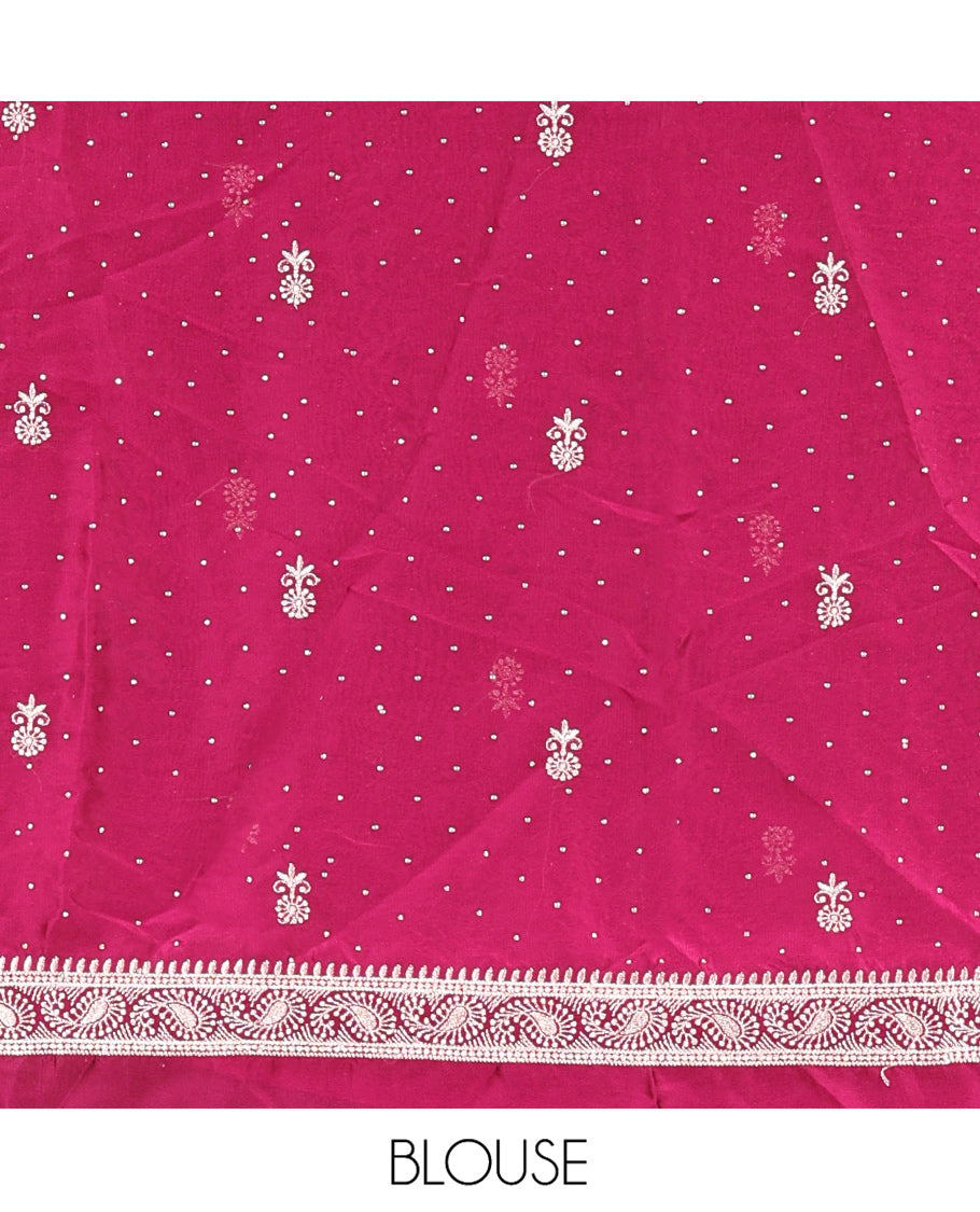 Magenta Georgette Half-Saree Featuring Embroidery Skirt, Floral Embroidered Border, Matching Blouse, Embroidered Dhavani