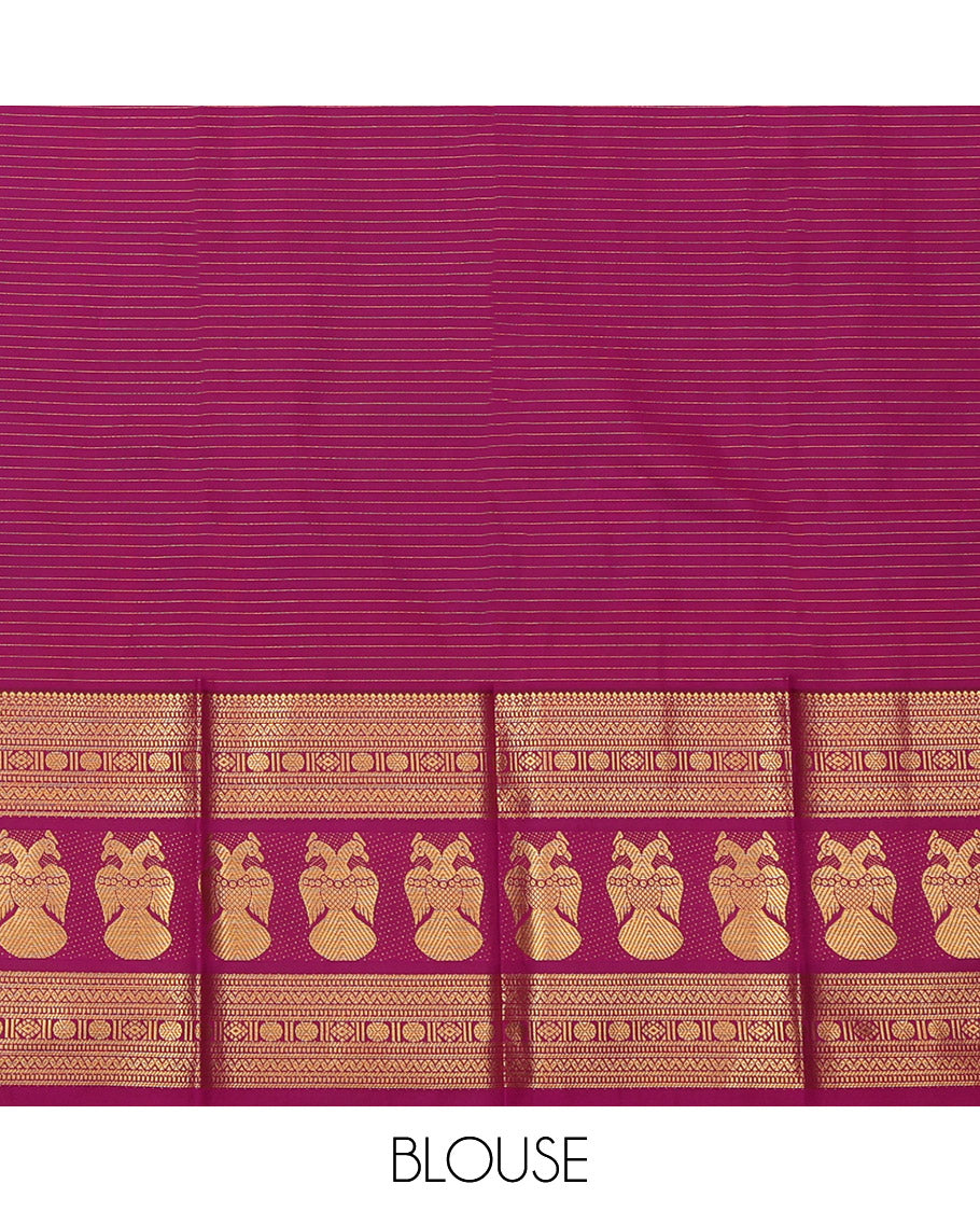 Blue Budget Silk Saree, Embelished with Horse Buttas and Stripes, a Contrast Iruthalai Pakshi Zari Border, a Jaal Pallu and a Contrast Blouse