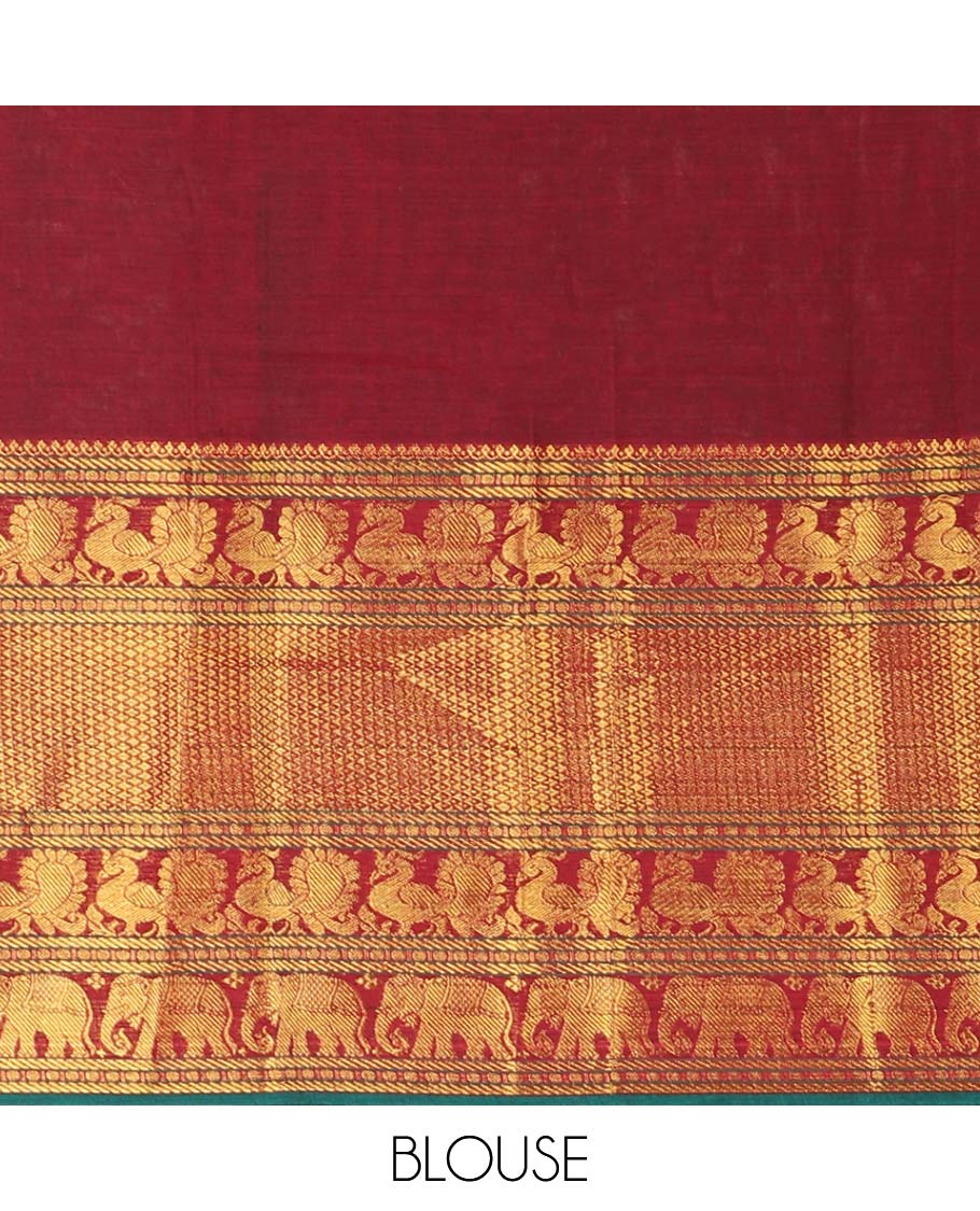 Maroon mercerised cotton daman zari border half saree with cotton blouse & skya georgette one side zari border dhavani