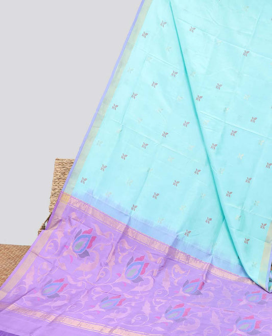 Light blue motifs uppada silk saree with contrast zari border & floral vine design pallu
