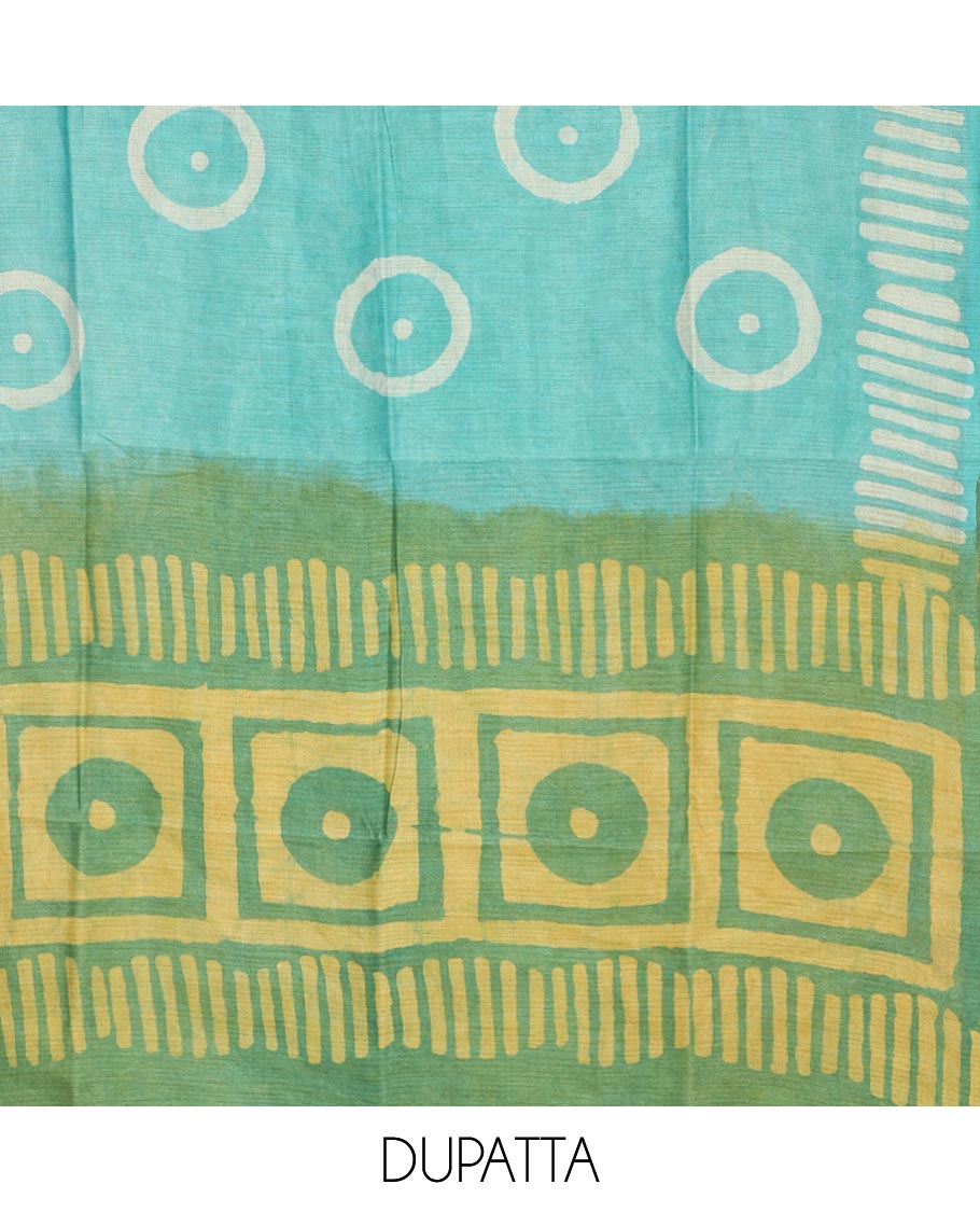 Lemon yellow with green geometric batik print bhagalpur cotton chudidhar material top with batik print cotton pants & batik print mul mul dupatta