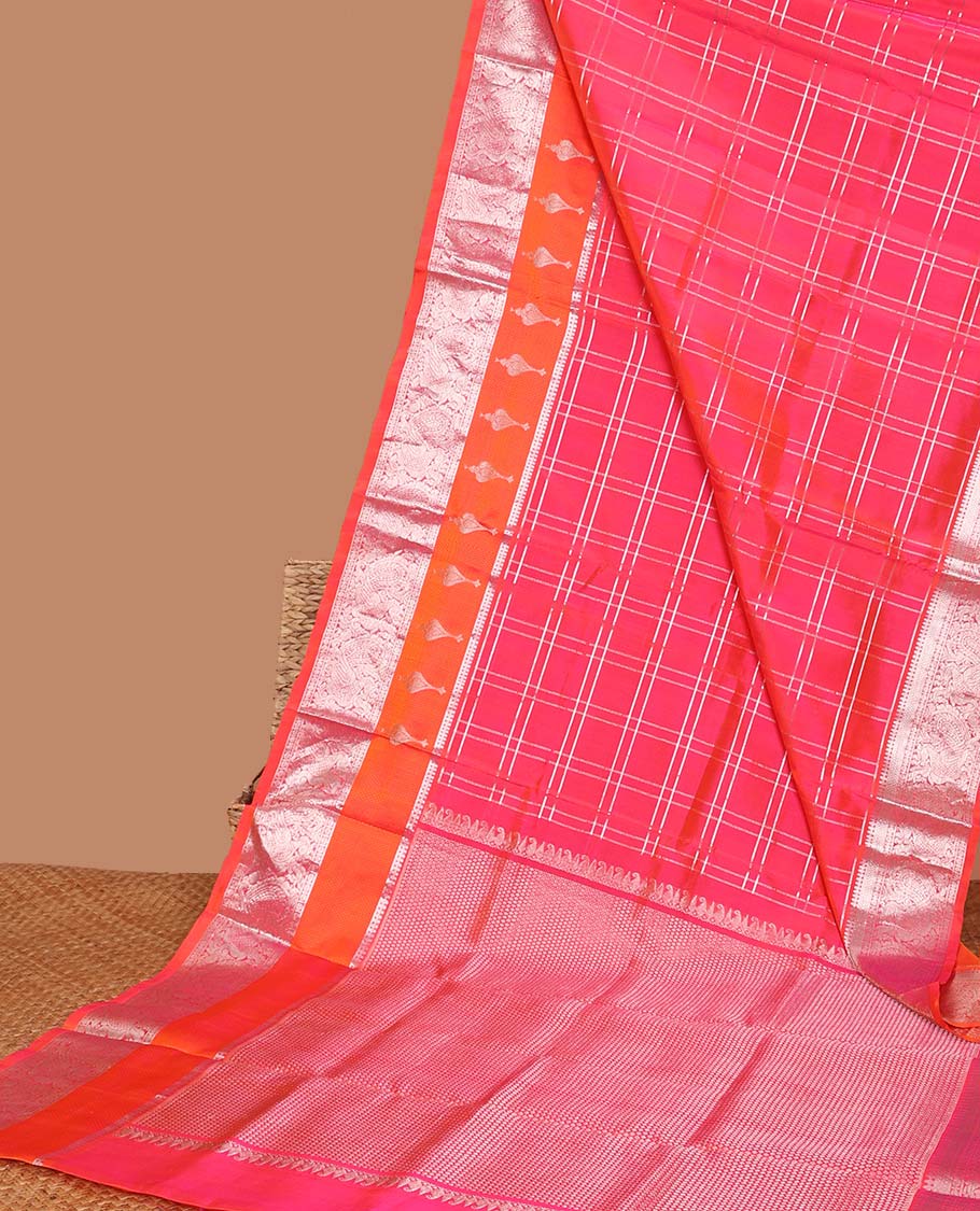 Pink checked design vengatagiri pure silk saree , contrast traditional design border & ogee design pallu