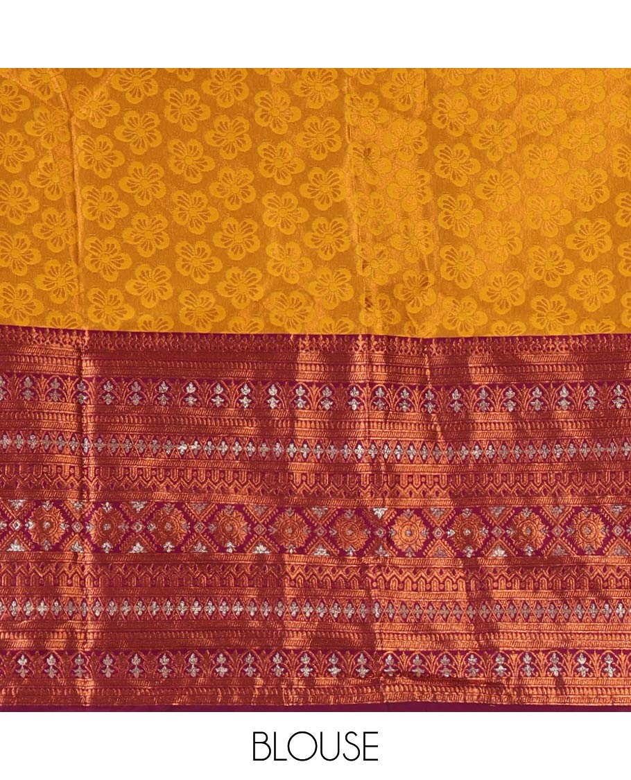 Mustard semi-banaras half-saree, embossed & contrast traditional zari border skirt,blouse of embossed & zari work & contrast-magenta zari design dhavani