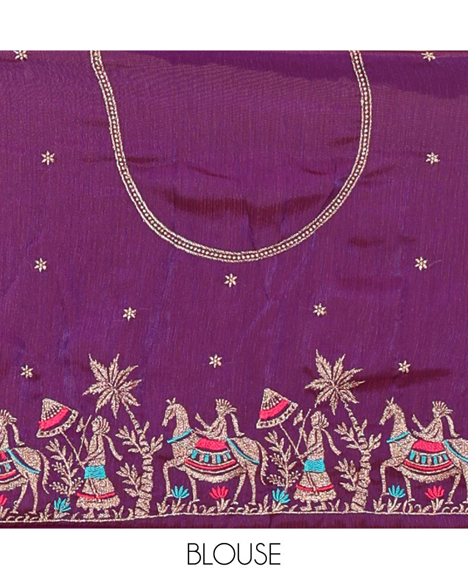 Violet half-saree, Swarovski stone work with girl-on-the-horse motifs embroidered bordered satin georgette skirt, a matching satin georgette blouse, and a contrast Swarovski stone work scallop dhavani