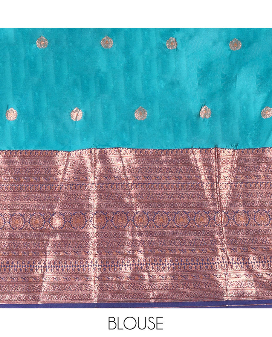 Blue and Navy Blue Semi-Banarasi Half-Saree, Adorned with Zari Buttas on Its Skirt, Complemented by a Contrast Traditional Zari-Design Border, Paired with a Matching Blouse, and a Contrast Satin Georgette Zari-Bordered Dhavani