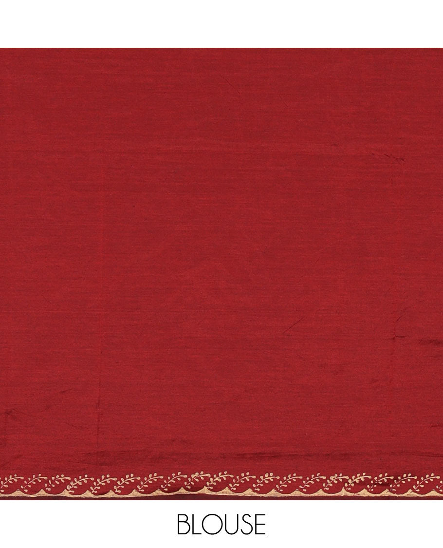 Borderless maroon pretty peacock motifs hand block style printed south cotton saree with contrast printed blouse