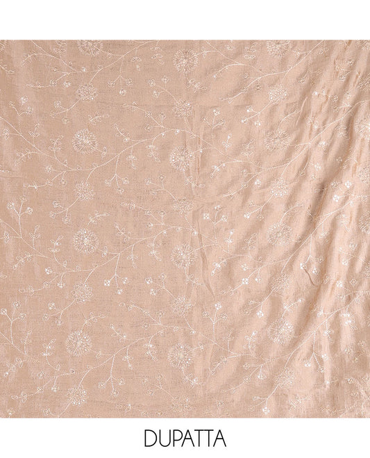 Dark brown Vichitra silk material churidar set, floral motifs embroidered top, contrast Santoon bottom, and floral vine thread embroidered scallop dupatta