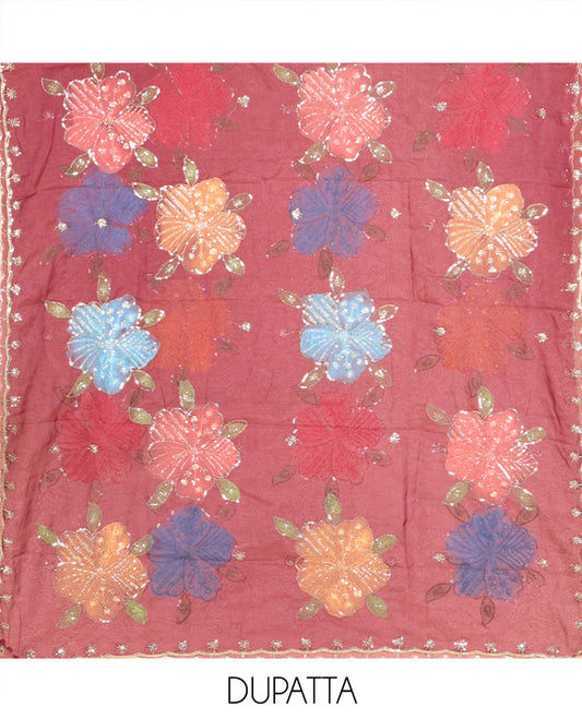Wine Vichitra Silk Material Chudidar Set, Highlighted by Pom-Pom Necklined Top, a Plain Santoon Bottom, and Paired Scallop Multi-Color Floral Embroidered Organza Dupatta
