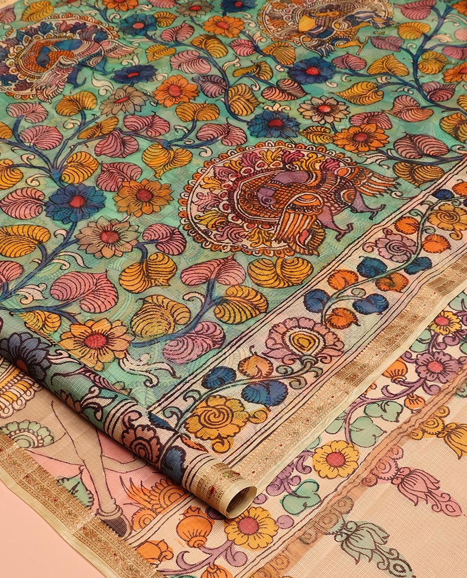 Green Floral-Peacock Pen Kalamkari Silk Saree, Contrast Floral Print Zari Border, Ancient Motif Pallu, a Contrast Blouse