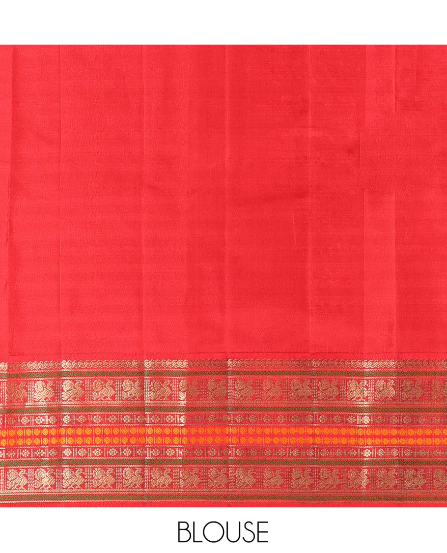 Blue and Green Kanchipuram Silk Saree, Decked Up with Checked Design on Its Body, Complemented by a Contrast Border of Thilakam Mokku, Mayil, Laddu Kamalam, and Rudraksham Designs, Pallu Steeped with Traditional Designs, and Paired with a Contrast Blouse