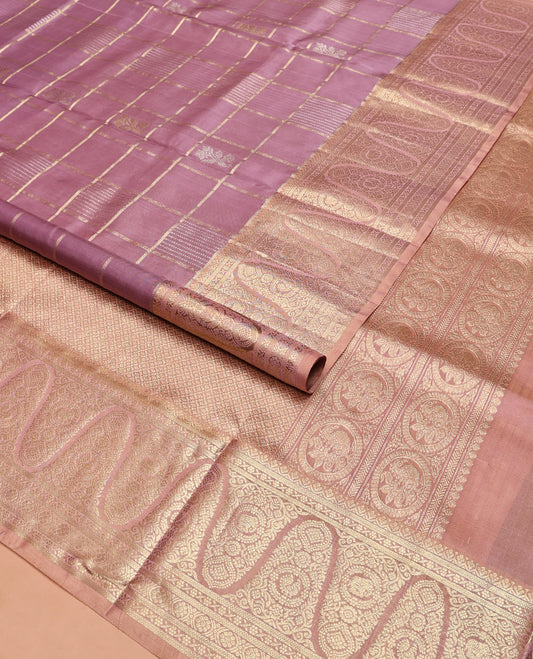 Lavender Venkatagiri Silk Saree, Boldly Accentuated with Zari Buttas Enclosed Checks All Over Its Body, Complemented by a Contrast Traditional Zari Design Border, Grand Pallu of Jaal Designs, and Paired with a Contrast Blouse