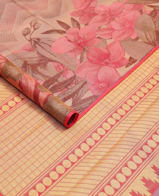 Sandal geometric design kanchipuram designer silk saree with self floral design border & geometric design pallu